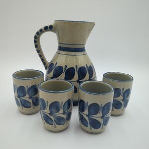 Art Pottery Blue 5 Piece Pitcher Set Osterr Edel Keramik Austria Vintage 1970s